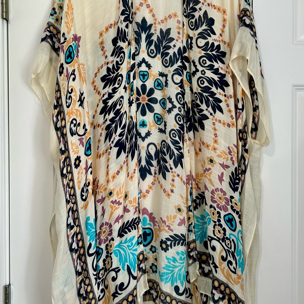 Floral Print, Long Boho Kimono- Cream, Black, Turquoise & Mauve